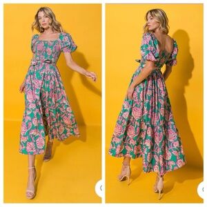 Flying Tomato Run Towards Love Poplin Dress Floral Smocked Puff Sleeves Sz M